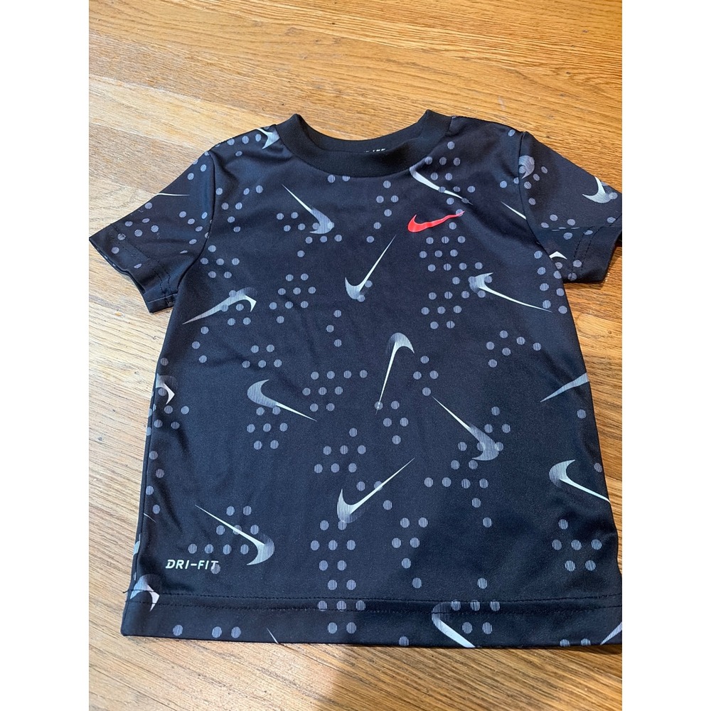 Nike Dri-FIT Toddler Boys Black Swoosh Dot Print Athletic T-Shirt Size 2T